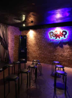 This image shows a live stand-up comedy performance at the ROR Comedy Club in Osaka. A comedian is engaging with the audience, creating a fun and laughter-filled environment in the intimate venue, which hosts English-language comedy shows for both locals and tourists.