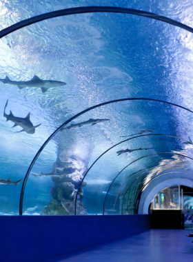 This image shows a massive tank in Osaka Aquarium Kaiyukan, filled with a variety of marine life, including whale sharks and rays. The aquarium’s exhibits showcase ecosystems from around the world, providing visitors with a chance to learn about oceanic creatures and conservation efforts.