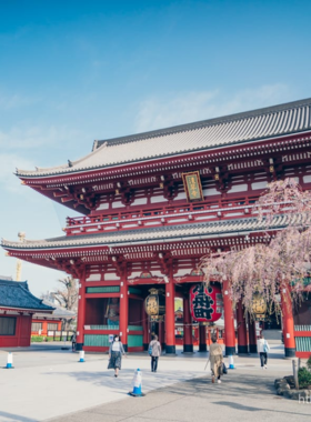 This image shows the iconic Senso-ji Temple in Asakusa, Tokyo, with its grand entrance gate, Kaminarimon, and bustling street market filled with visitors exploring traditional shops and enjoying the spiritual atmosphere.