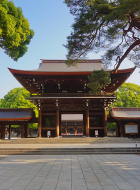 This image shows the peaceful surroundings of the Meiji Shrine, located in a lush forest area in the heart of Tokyo, with visitors walking along a tranquil path to the shrine, experiencing the calm atmosphere.