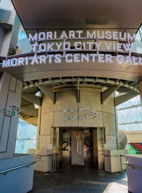 This image shows the contemporary art exhibits at the Mori Art Museum in Roppongi, Tokyo, where visitors can explore diverse art installations and digital artworks while enjoying the modern architectural space.