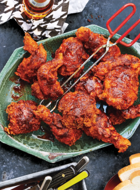 11. Nashville Hot Chicken This image shows a plate of Nashville hot chicken, a spicy fried chicken dish served with pickles and bread. Known for its fiery heat and flavorful seasoning, this iconic dish is a must-try for visitors seeking a taste of Nashville’s culinary culture.