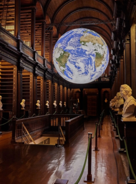 This image shows the iconic Trinity College in Dublin with its historic architecture and the famous Long Room Library, where the Book of Kells, a beautifully illustrated ancient manuscript, is displayed. Visitors admire the grand wooden shelves and rare books in this breathtaking library space