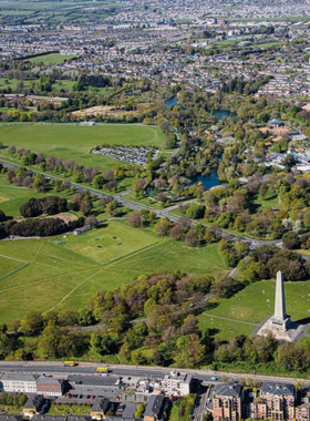 This image shows Phoenix Park in Dublin, one of Europe’s largest city parks, with people cycling, walking, and enjoying open green spaces. The image features wild deer grazing in a peaceful, natural setting surrounded by trees and monuments.