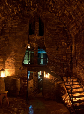 This image shows the dark and eerie Edinburgh Underground Vaults with stone tunnels, dim lighting, and a historic atmosphere, famous for ghost tours and spooky stories of Edinburgh’s past.