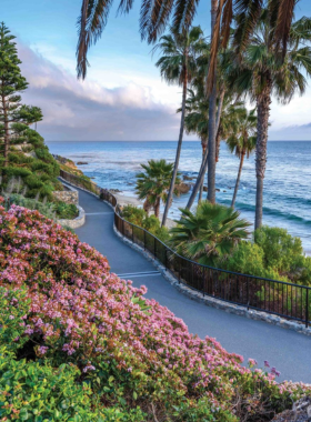 This image shows the serene beauty of Heisler Park in Laguna Beach. Overlooking the Pacific Ocean, the picture captures green walking paths lined with palm trees, flower gardens, and benches for visitors to relax. The ocean waves gently hit the rocks below, while the golden beach stretches in the background. Families are seen enjoying the park’s beauty, taking peaceful walks, and admiring the natural scenery.