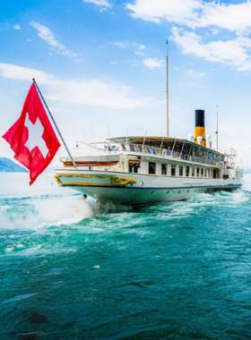 This image shows a peaceful boat trip on Lake Geneva, offering stunning views of the surrounding Swiss countryside and cities. The serene waters and natural beauty create a relaxing atmosphere for tourists and locals alike.