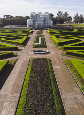 This image shows the vibrant pathways of the Rio de Janeiro Botanical Garden, surrounded by lush tropical plants, tall palm trees, and blooming flowers. The peaceful atmosphere and natural beauty make it a perfect spot for visitors.