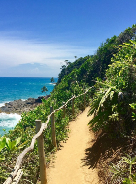 This image shows the pristine Prainha Beach, surrounded by lush green hills and calm, crystal-clear waters. The peaceful atmosphere makes it a perfect spot for surfers and nature lovers to relax.