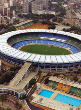 This image shows the Maracanã Stadium, with its massive seating arrangement and football field at the center. The iconic stadium reflects Brazil’s deep love for football and its history of hosting major sporting events.