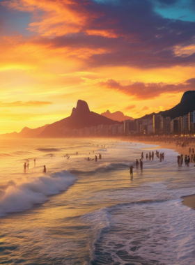 This image shows Copacabana Beach at sunset, with golden light reflecting off the ocean and soft waves meeting the shore. Silhouettes of beachgoers enjoying the evening add to the peaceful and scenic atmosphere.