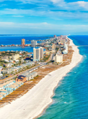 This image shows the stunning Pensacola Beach at sunset, with soft golden light reflecting on the clear, calm waters and people enjoying the serene atmosphere. The fine white sand stretches along the beach, while distant dunes and trees provide a natural backdrop to the peaceful scene.

