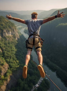 This image shows an exhilarating bungee jump over a scenic lagoon in Phuket. The brave adventurer leaps off a platform, while others watch from below, making it an adrenaline-pumping experience that offers a unique thrill and breathtaking views of the surrounding area.