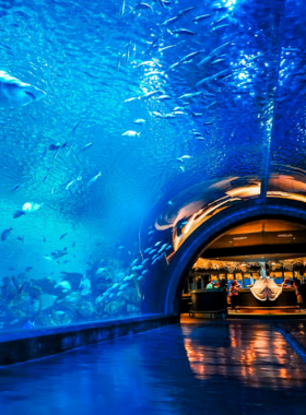 This image shows that Aquaria Phuket is an aquarium featuring diverse marine life. The image displays a large shark swimming alongside colorful fish, with visitors marveling at the marine creatures through the glass walls of the aquarium, making it an ideal spot for underwater photography.