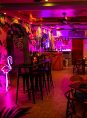 "This image shows Tropic City, a vibrant cocktail bar in Bangkok with tropical decor and refreshing cocktails that bring a beachy vibe to the city, offering an enjoyable and lively atmosphere.