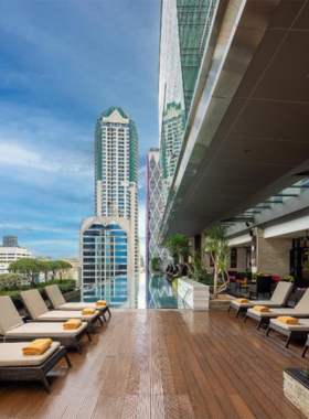 This image shows the stunning infinity pool at Eastin Grand Hotel Sathorn, with a panoramic view of Bangkok’s skyline. The luxurious ambiance and serene vibe make it a perfect spot for urban lifestyle photography.