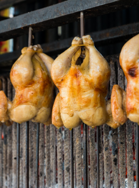 This image shows a perfectly roasted chicken served with dipping sauces at SP Chicken in Chiang Mai. The golden-brown chicken paired with a tangy papaya salad reflects the rich flavors of Thai cuisine.