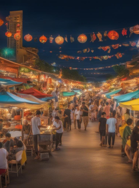 This image shows the bustling atmosphere of Jomtien Beach Night Market, with beachside food stalls offering grilled seafood, Thai desserts, and exotic fruit juices. Visitors are enjoying the mix of food and sea breeze.