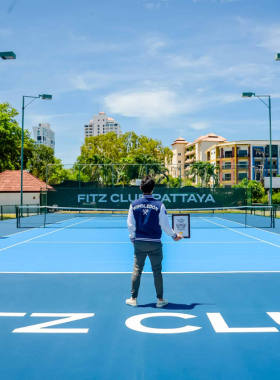 This image shows visitors participating in fitness activities at Fitz Club in Pattaya. The club offers various wellness programs, including tennis, yoga, and other health-focused activities, making it a great place for fitness enthusiasts to stay active during their stay in the city.