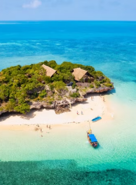 This image shows the crystal-clear waters and vibrant coral reefs of Coral Island, with lush greenery and white sandy beaches in the background. It captures the island's pristine natural beauty and aquatic life.