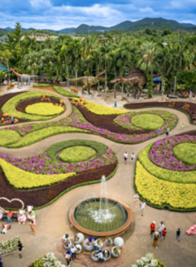 This image shows a butterfly resting on a vibrant flower at Butterfly Hill Pattaya, surrounded by lush greenery. The peaceful setting offers a glimpse of the sanctuary’s colorful and serene environment.