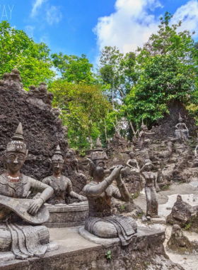 This image shows the tranquil Secret Buddha Garden in Koh Samui, where stone statues of Buddha and mythical figures are surrounded by dense greenery and peaceful jungle, providing a serene escape for visitors.