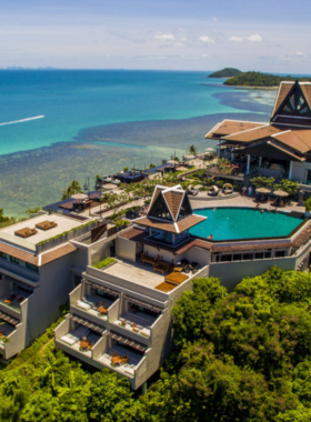 This image shows a private villa at The InterContinental Koh Samui Resort with stunning ocean views. The luxurious accommodations are complemented by gourmet dining, a full-service spa, and various water sports, perfect for a luxury getaway.