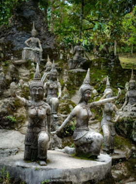 This image shows the serene, hidden atmosphere of the Secret Buddha Garden in Koh Samui. The garden, tucked away in the jungle, is home to numerous Buddha statues and spiritual symbols, offering a quiet and reflective space for visitors seeking peace and beauty.