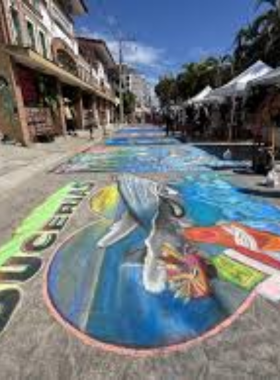  This image shows an evening scene of the Bucerías Art Walk, with visitors exploring local art galleries, admiring paintings, sculptures, and meeting artists in the charming downtown area.