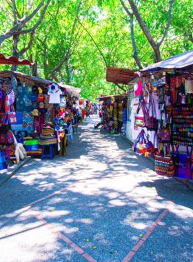 This image shows the vibrant Puerto Vallarta market, bustling with vendors selling fresh produce, handcrafted goods, jewelry, and souvenirs, creating a colorful and lively atmosphere in the heart of the city.