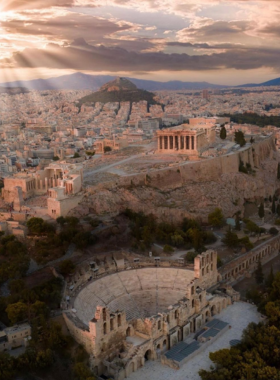 This image shows the Acropolis in Athens, showcasing the iconic Parthenon temple, an ancient structure dedicated to the goddess Athena. The temple is known for its perfect Doric proportions, and the site offers a stunning panoramic view of Athens, making it a must-visit historical landmark.