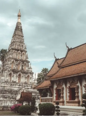 This image shows the serene temples in Chiang Mai, Thailand. The historical Wat Phra Singh and Wat Chedi Luang are surrounded by lush greenery, offering a peaceful environment for reflection and spiritual experiences.