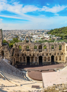 This image shows the Odeon of Herodes Atticus, an ancient Greek theatre located at the foot of the Acropolis. Built in 161 AD, it is known for its remarkable acoustics and historical charm. The theatre is still used for cultural performances, hosting events during the Athens Epidaurus Festival.