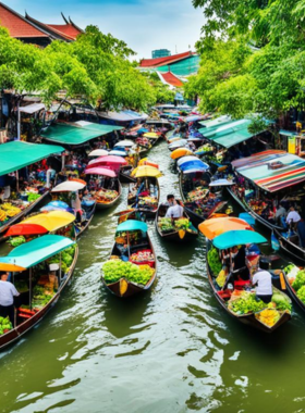 This image shows a vibrant floating market in Thailand, where vendors sell fresh produce, local snacks, and handcrafted goods from their boats. The colorful atmosphere offers a unique shopping experience along the waterways.