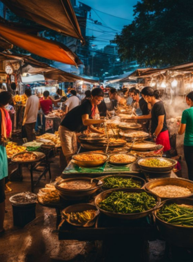 This image shows the exciting street food scene in Thailand, with vendors serving popular dishes like Pad Thai, grilled meats, and fresh fruit. The smells and vibrant colors create a mouthwatering experience for food lovers.