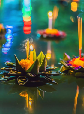 This image shows the Loy Krathong Festival in Thailand, where people release decorative baskets (krathongs) into rivers, creating a beautiful scene of floating lights. The atmosphere is peaceful and full of tradition, celebrating the beauty of water and light.