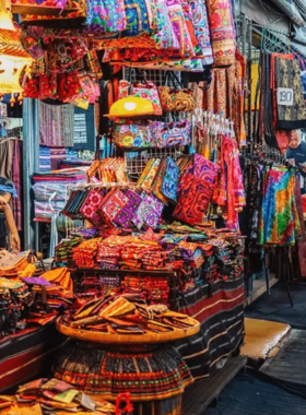 This image shows the bustling Chatuchak Weekend Market in Bangkok, Thailand. Thousands of stalls offer a wide range of goods, from clothes to food, creating a lively and colorful atmosphere for shoppers.