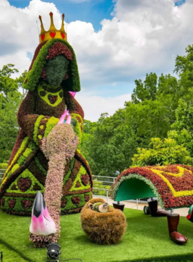 This image shows a section of the Atlanta Botanical Garden, with vibrant flowers and lush green plants arranged in a serene environment. Visitors are seen enjoying the peaceful surroundings, highlighting its appeal as a tranquil retreat.