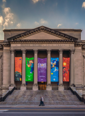 This image shows the Franklin Institute, a science museum in Philadelphia. It offers interactive exhibits that allow visitors to explore topics such as space, robotics, and the human body, making it an educational destination for all ages.