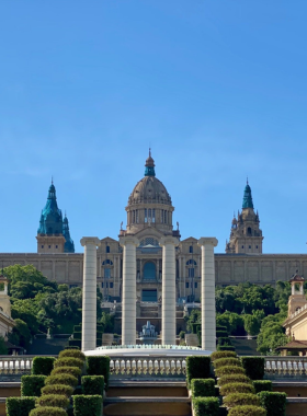 This image shows the panoramic view from Montjuïc Hill in Barcelona, featuring the Magic Fountain and the National Art Museum of Catalonia. The hill offers a combination of nature, history, and culture with stunning views of the city.