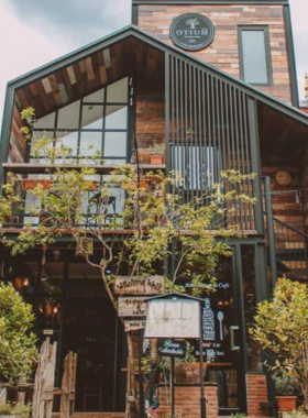 This image shows a barista at Pai Coffee Studio pouring a latte, with a backdrop of rustic cabin-style interiors. The cozy seating and attention to detail make it a favorite for digital nomads and coffee lovers alike.