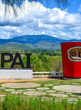 This image shows the famous Coffee in Love Café in Pai, Thailand, with outdoor seating overlooking the valley, offering visitors a relaxing spot to enjoy coffee with beautiful views.