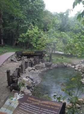 This image shows the steaming waters of Pai Hot Springs, surrounded by lush green forests. The rising steam and natural setting create a soothing and picturesque environment perfect for relaxation and photography.