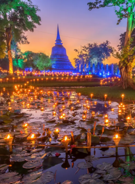 This image shows the vibrant and colorful Loy Krathong festival celebrations in Sukhothai, with people releasing glowing lanterns and krathongs into the water under a dark sky lit by fireworks. The festival is a time of joy and tradition, reflecting the cultural significance of light and gratitude in Thai culture.