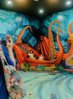 This image shows the interactive art at Magic Eye 3D Museum in Hat Yai, where optical illusions and 3D paintings allow visitors to pose creatively, making it a fun and memorable destination for families and art enthusiasts.
