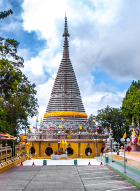 This image shows the stunning architecture of Phra Maha Chedi Tripob Trimongkol, also known as the Stainless Steel Temple, with its intricate metallic design that reflects both spirituality and modernity in Hat Yai.