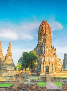 This image shows the Ayutthaya Riverwalk, lined with trees and overlooking a calm river. The scene includes local birds and vibrant plants, creating a peaceful and scenic view for nature enthusiasts.