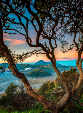 This image shows the majestic Bromo-Tengger-Semeru National Park in East Java. The towering Mount Bromo emits a continuous plume of smoke, standing tall against a vast landscape of volcanic ash and sand dunes. In the background, Mount Semeru, Indonesia’s highest volcano, can be seen. The surreal terrain creates a breathtaking scene, especially at sunrise when the sky is lit with vibrant colors. Visitors can trek to the summit of Mount Bromo for an unforgettable view of the volcanic landscape.