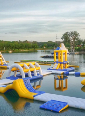 bali-wake-park-water-sports This image shows Bali Wake Park, a popular destination for water sports enthusiasts. The image captures people enjoying wakeboarding on the lake, with clear skies and beautiful scenery. The park’s facilities offer various activities like cable skiing and wakeboarding, making it an exciting spot for adrenaline seekers to enjoy the water.