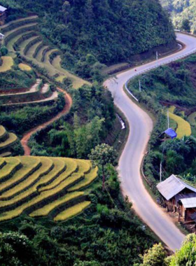 This image shows that the stunning Sapa rice terraces, nestled among towering mountains, offer breathtaking views of cascading green fields. The area is also home to various indigenous ethnic groups, showcasing the rich culture and natural beauty of Northern Vietnam.